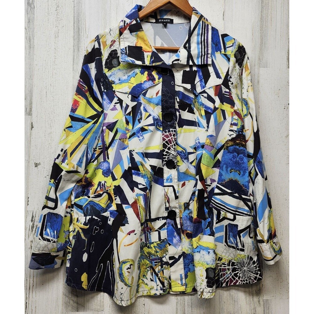 Damee Jacket Women M Multi-Color Pockets Art to Wear Fun  Funky Graphic Print